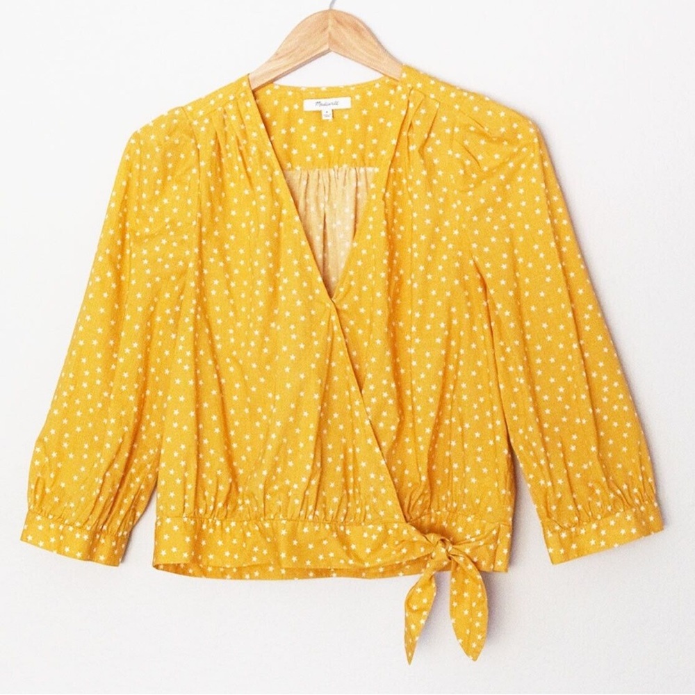 Madewell Women's XS Wrap Blouse Top 100% Cotton Star Scatter Yellow White Stars